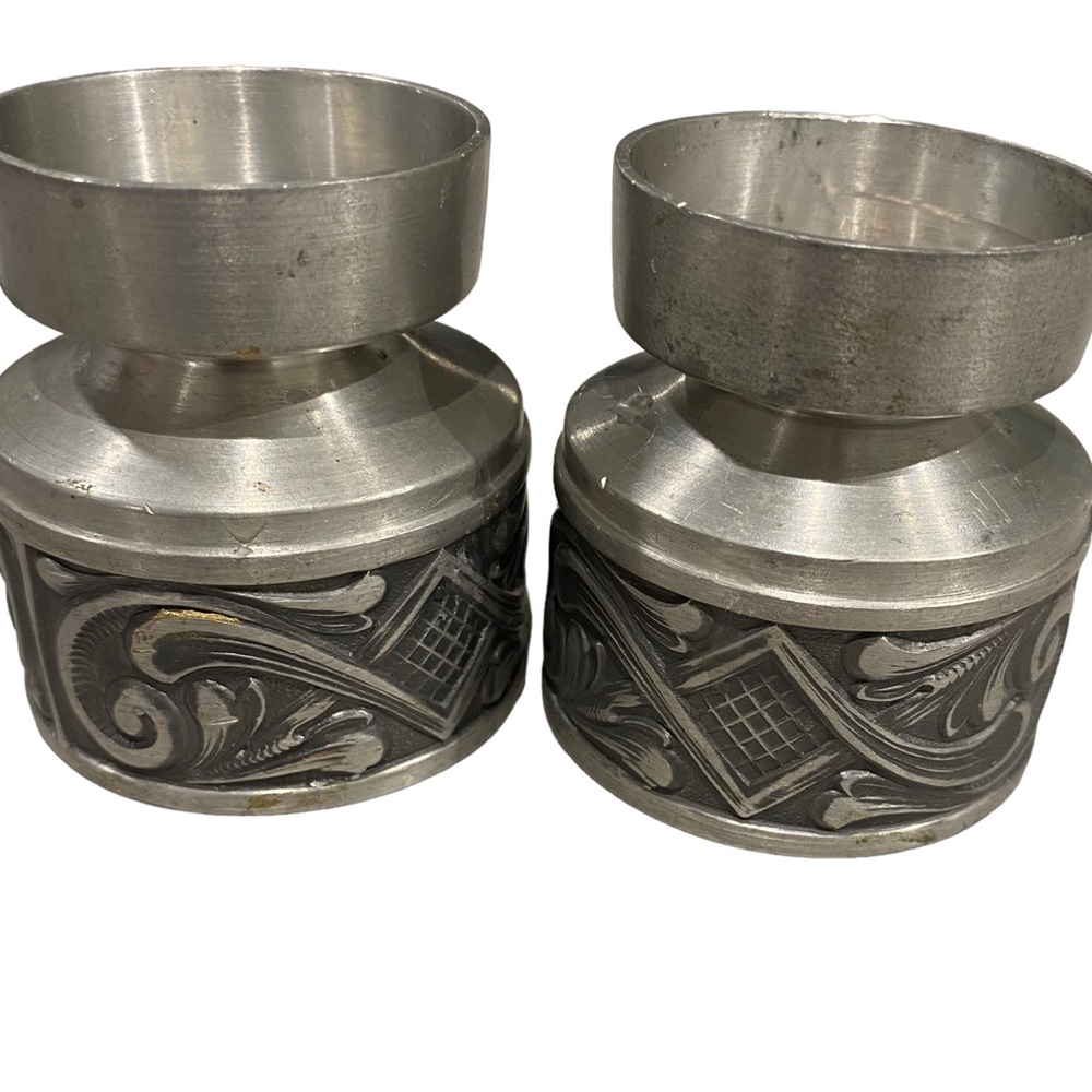 Pair Norwegian Selandia Pewter 2.5” Tall Candle Holders Scroll Design Norway